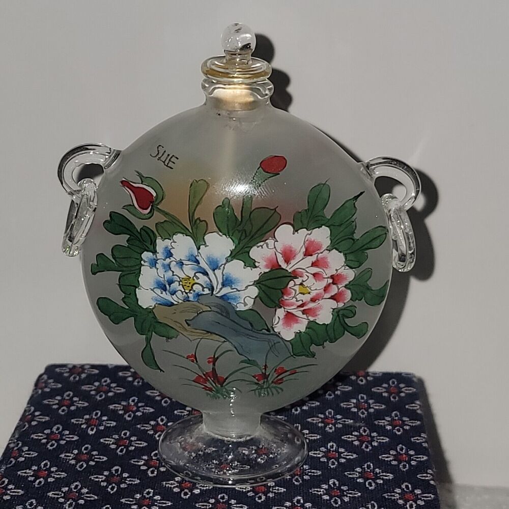 Antique Chinese Snuff Bottle + Box - Reverse Hand Painted Glass Signed By Artist